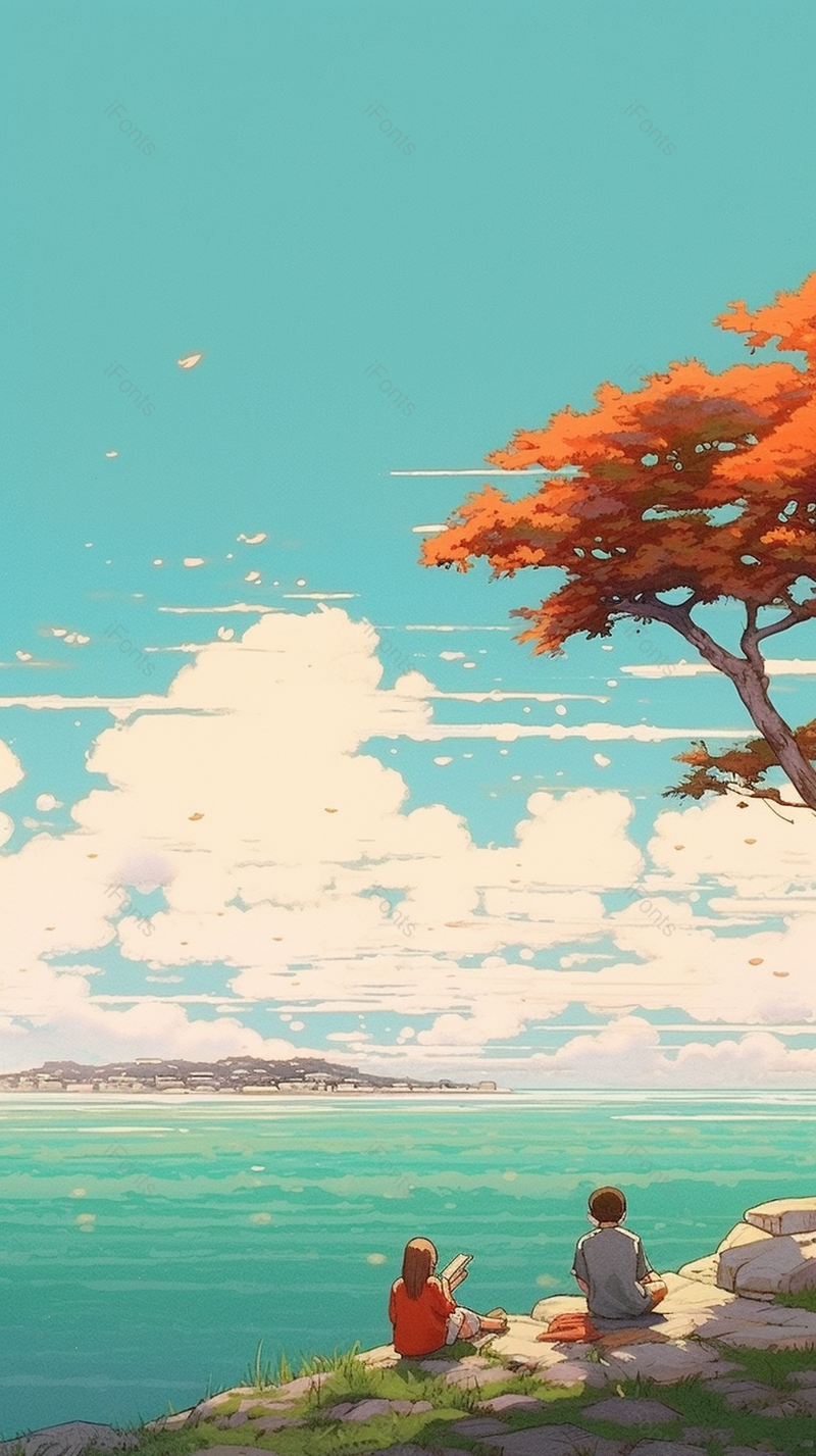 蓝色海边观景蓝天白云男孩女孩插画背景,插画/手绘图,插画/手绘图库,插画/手绘图下载,插画/手绘